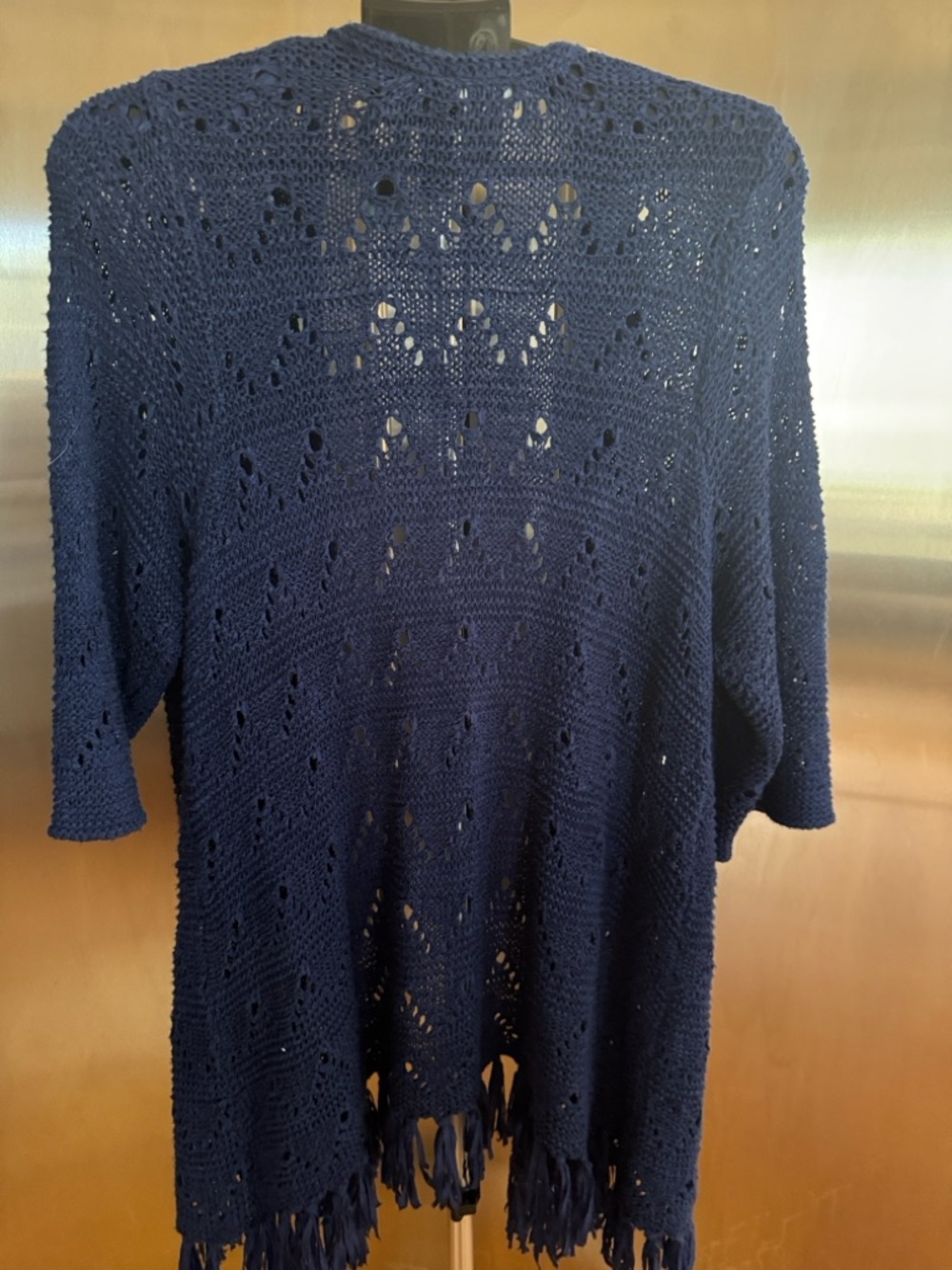 Catherines Navy Open-Front Crochet Fringe Cardigan NWOT - Picture 8 of 10
